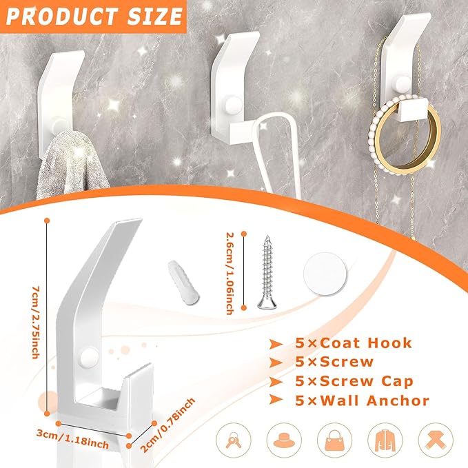 Gerhannery 5 Pcs Coat Hooks for Hanging, Heavy Duty Hat and Coat Hanger Hooks with Fixing Screws, Wall Dual Hooks Clothes Hanger Wall Mounted - OneBag