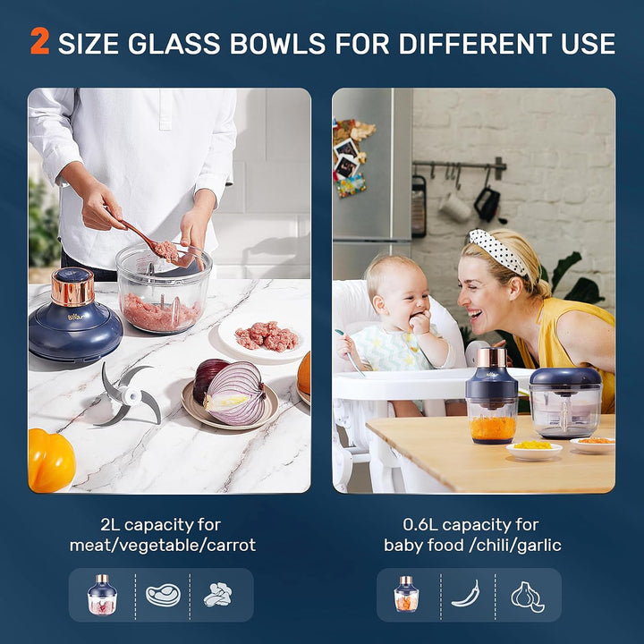 Mini Electric Food Processor & Chopper, 2L and 0.6L Grinder with Stainless Steel Blades - OneBag