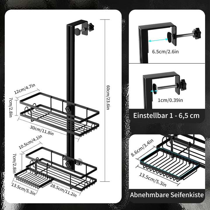 2 Tier Black Hanging Shower Shelf Caddy, Over Door No Drilling Shower Rack with Soap Razor Holder - OneBag