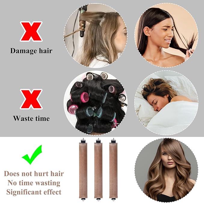 3 Pcs Beige Sleep In Heatless Curlers, No Heat Curler Roller for Long Medium Hair Overnight Heatless Curls - OneBag