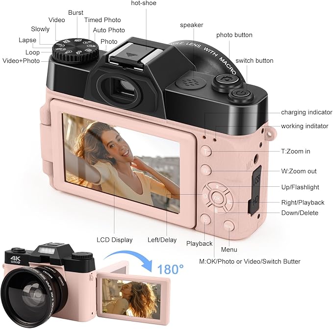 Pink SOPPY 4K Digital Camera with WiFi, 48MP Video Camera with 32G SD Card, 3.0" IPS 180Â°Flip Screen, Wide Angle Lens, Macro Lens, 16X Digital Zoom, 2 Batteries - OneBag