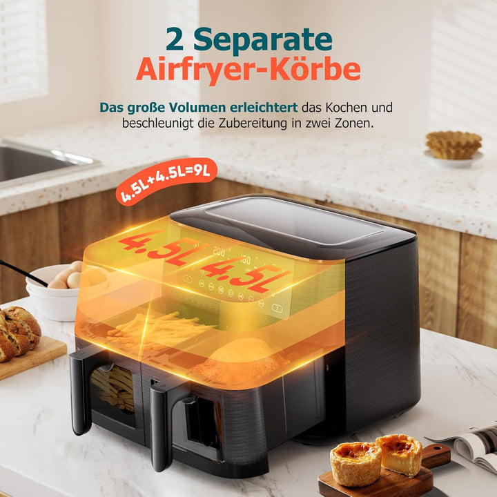 9Litre Dual Air Fryer with Visual Window, 2 Drawers, Touch Screen, Dishwasher-Safe used - OneBag