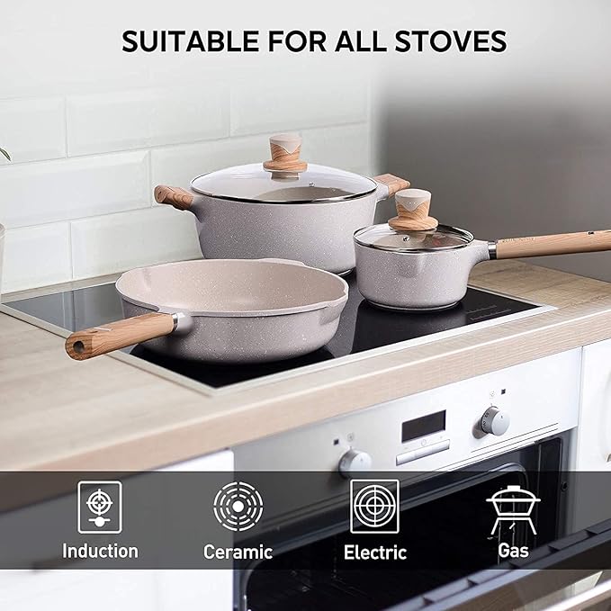 10 Pcs Nonstick Cookware Ceramic Pan with Soft Touch Handle Die Cast Kitchenware - OneBag