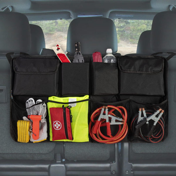 Car Boot Organiser, Car Organizer Seat Back Protectors, Multi-Pocket Children's Travel Storage, Durable Foldable Cargo Net Storage for Car Trunk