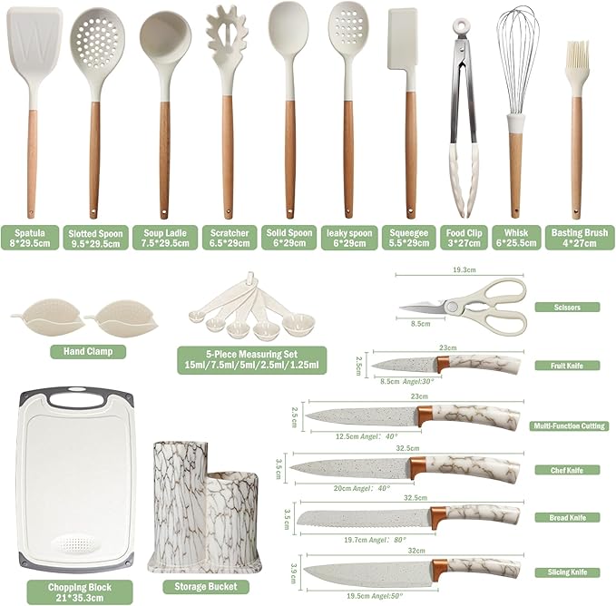 25 Pcs Silicone Non-stick Cooking Utensils Set, Spatula, Whisk, Cutting Board, Tong, Fruit Knife - OneBag