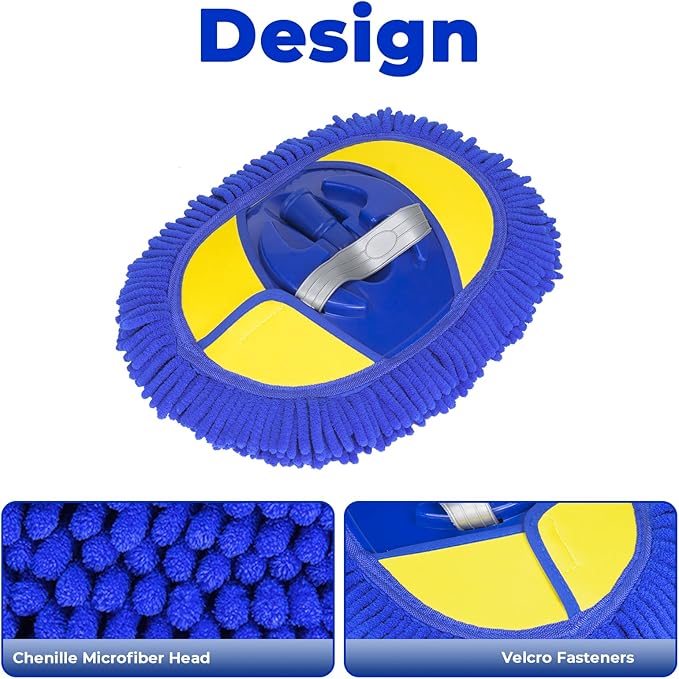 2 Pcs Blue Bemece Chenille Mop Heads for Car Wash Brush, Microfibre Mittens for Cleaning Truck Caravan Van - OneBag