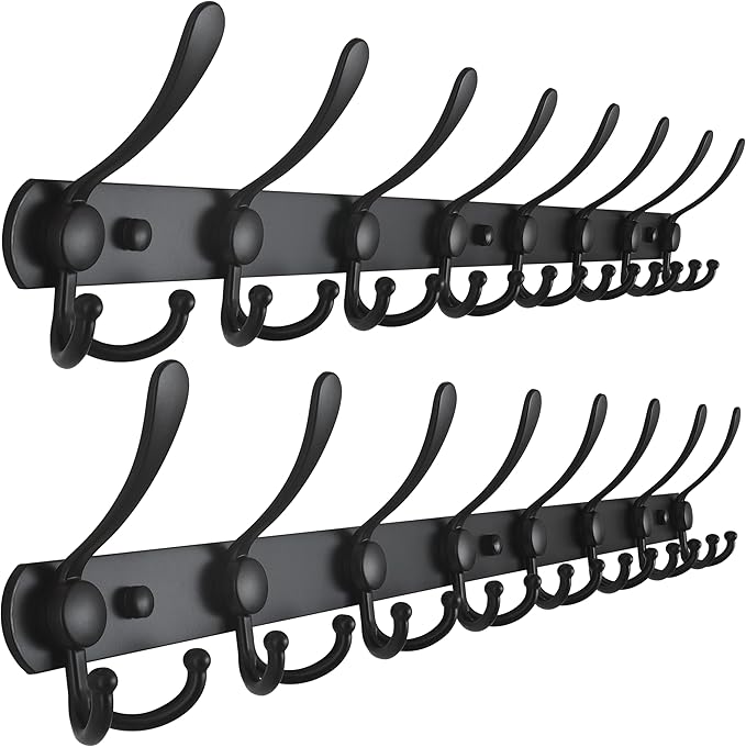 2 Pcs Black Coat Rack Wall Mounted - 8 Tri Hooks, Heavy Duty, Stainless Steel, Metal Coat Hook Rail - OneBag