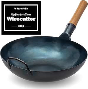 YOSUKATA Flat Bottom Wok Pan, 34 cm Pre-Seasoned Blue Carbon Steel Wok, Traditional Japanese Cookware for Electric Induction Ceramic Gas Cooktops and Open Fire, Stir Fry Pans for Camping BBQ Grill