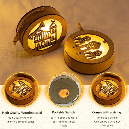 4 Pcs Eid Mubarak Decorations Lights, Wooden Moon Star Ramadan LED Hanging Lights, Muslim Islam Ornament Lantern - OneBag
