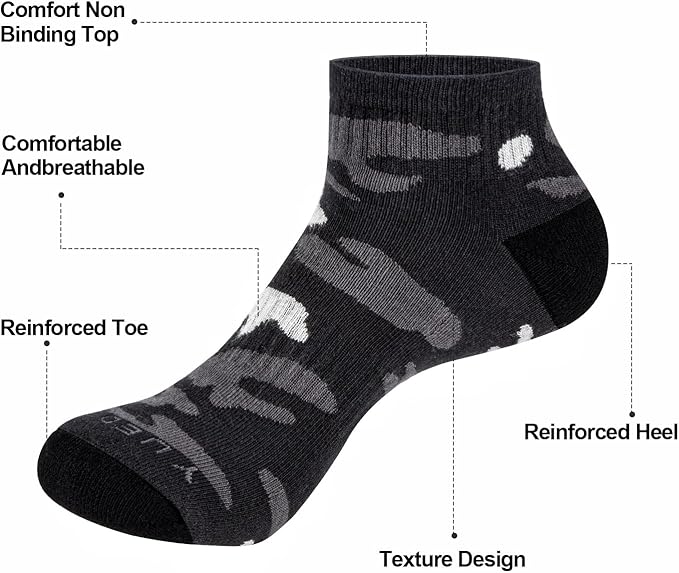 5 Pcs Men's Camo Sports Socks, Moisture Wicking Quarter Cushioned Running Socks, Casual Athletic Ankle Socks - OneBag