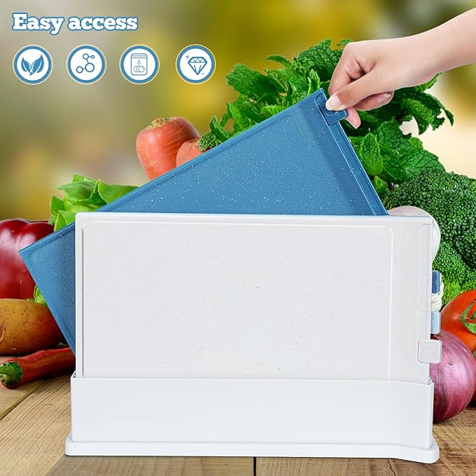 4 Pcs Non-Slip Plastic Chopping Board  with Storage Stand, Blue Shades Cutting Board - OneBag