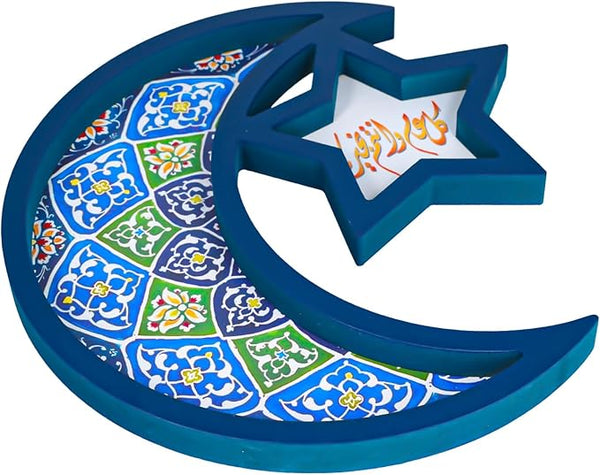 Blue Ramadan Wooden Tray, Eid Mubarak Dessert Tray, Ramadan Serving Tray