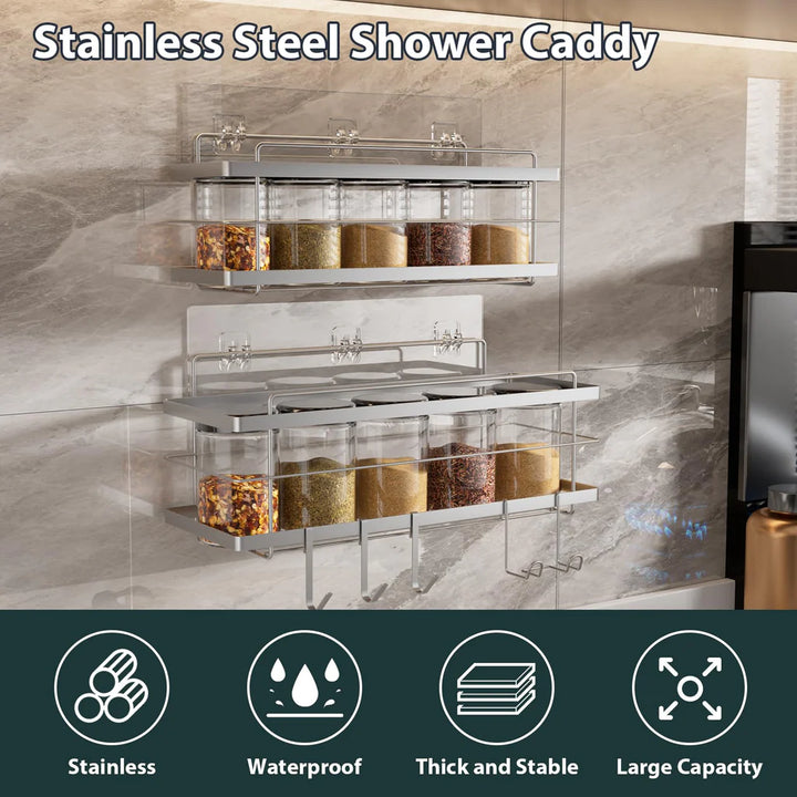 2 Pcs Stainless Steel Shower Shelves, without Drilling - OneBag
