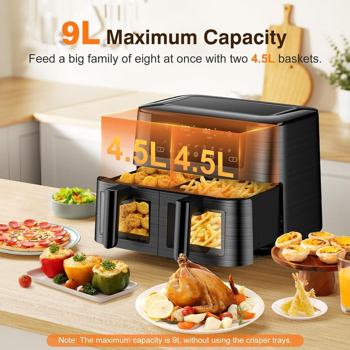 9Litre Dual Air Fryer with Visual Window, 2 Drawers, Touch Screen, Dishwasher-Safe used - OneBag