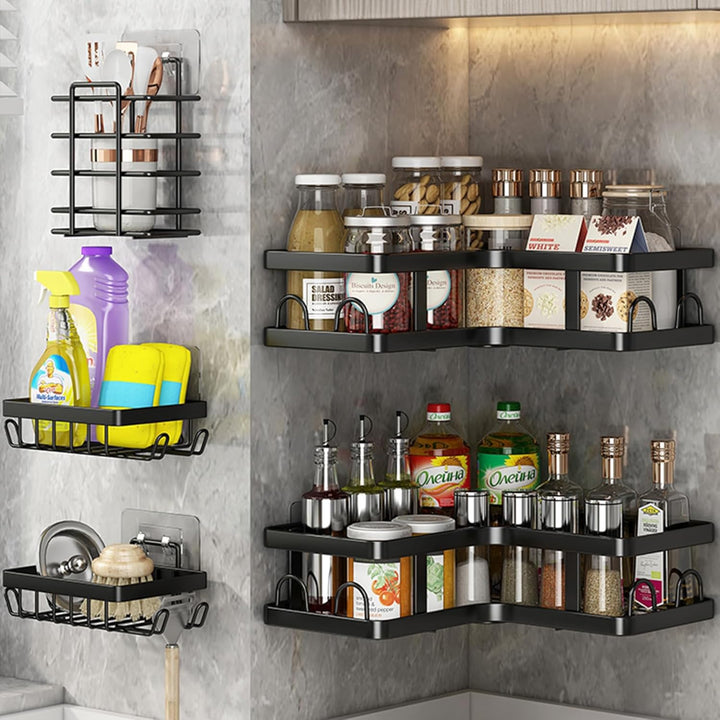 5 Pcs  Black Shower Caddy, Rustproof No Drilling Stainless Steel,  Organizer Shelves for Bathroom - OneBag