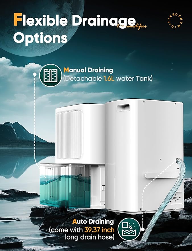 12L/Day Dehumidifiers for Home Damp, Compressor Dehumidifier with Humidity Display&Control, Ultra Quiet, 24 Hour Timer, Water Tank & Drainage Hose - OneBag