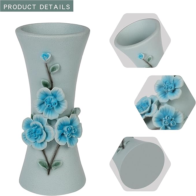 Decorative Blue Vase for Flower for Modern or Rustic Home Decor, Handcaft 3D Embossed Floral Design - OneBag