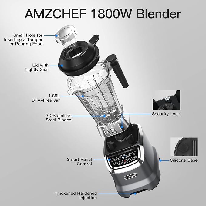 AMZCHEF Blender Smoothie Maker with Two Ways, 2000W Blenders for Kitchen with Smart Panel Control- missing small jar and pusher - OneBag