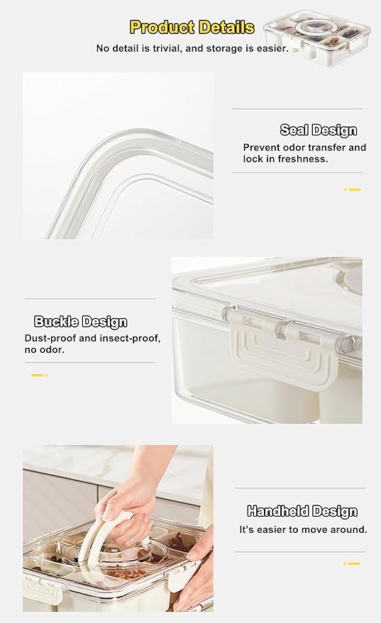DOVMEWO Divided Clear Snack Box, Serving Tray with Lid & Handle, Snackle Box Charcuterie Board Container Storage Organizer - OneBag