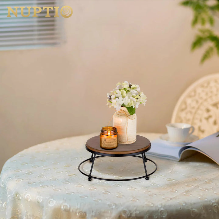 Cake Stand, Cupcake Wooden 21cm Display Holder, Afternoon Tea Pedestal Round with Black Metal Frame - OneBag