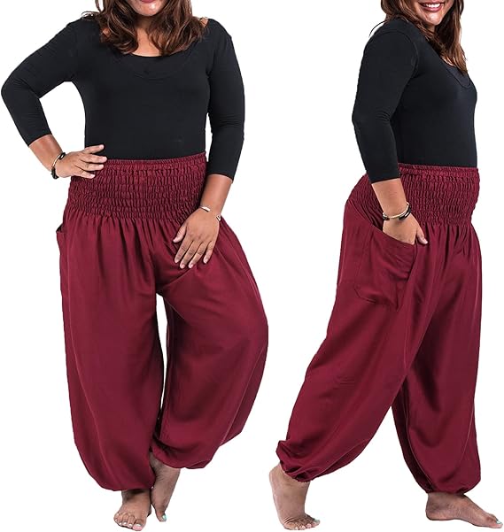 Women Red Hippie Harem Trousers, Plain Elasticated Waist Bottoms Boho Lounge Yoga Pants- S - OneBag