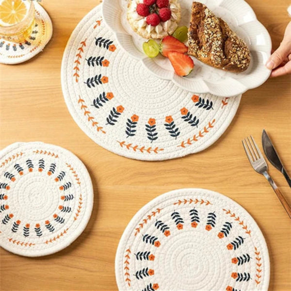 3 Pcs Round Cotton Rope Woven Meal Mat Set