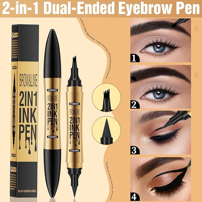Incisite Eyebrow Pen, Dual-Ended Brow Pencil, 2-in-1 Liquid Eyeliner and Eyebrow Pen, Waterproof Long Lasting Brow Pen for Effortless Natural Brows(Black + Eyeliner Black) - OneBag