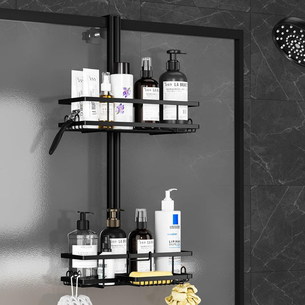 2 Tier Black Hanging Shower Shelf Caddy, Over Door No Drilling Shower Rack with Soap Razor Holder