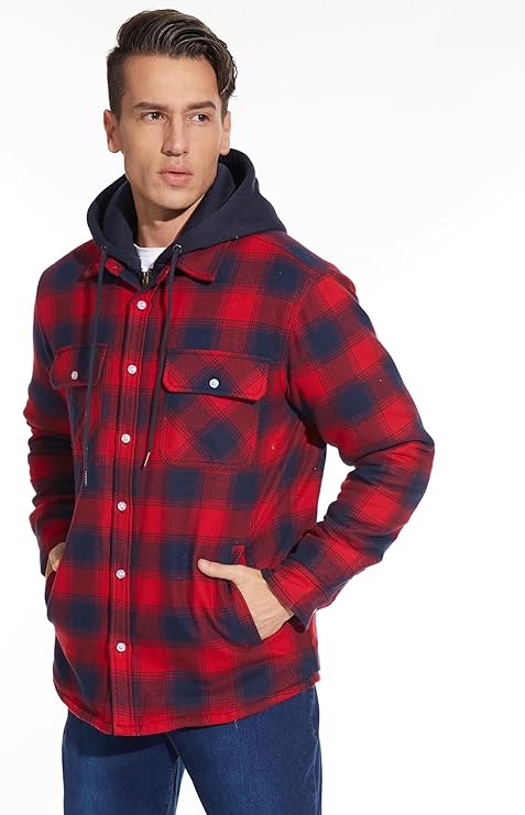 Men's Red Flannel Shirt Lumberjack Jacket with Removable Hood - OneBag