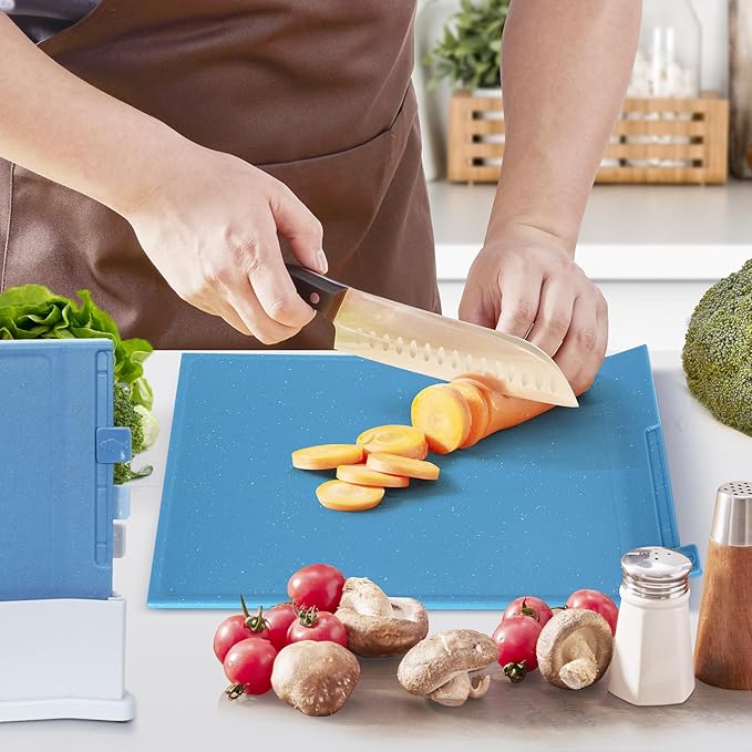 4 Pcs Non-Slip Plastic Chopping Board  with Storage Stand, Blue Shades Cutting Board - OneBag