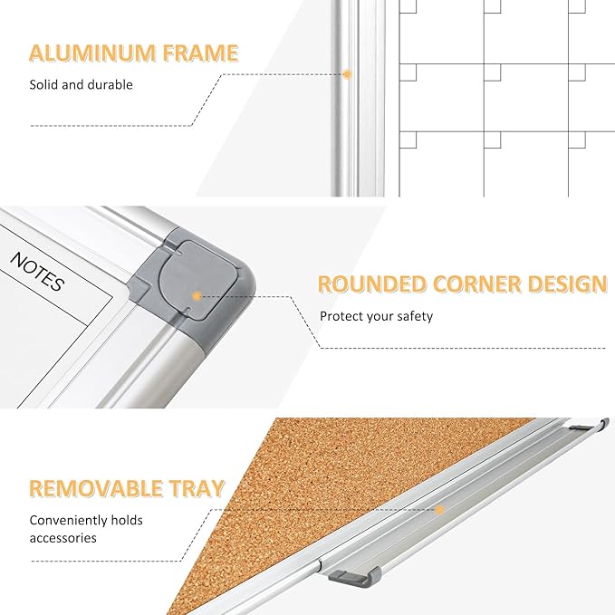 QUEENLINK 45×60 cm Magnetic Whiteboard Monthly Calendar, Double-Sided White Board Calendar for Wall, Dry Erase Aluminum Frame - OneBag