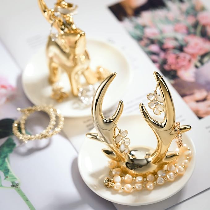 2 Pcs Ceramic Ring Dish, 4" Gold Jewelry Holder Dish Bracelet Earrings Necklace Ring Holder Dish, Decorative Trinket Dish - OneBag