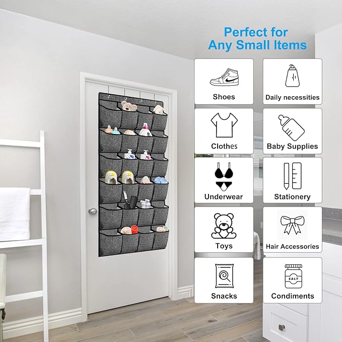 2 Pcs Hanging Shoe Rack Storage Over Door Organiser, Hanger Storage Holder Bag Wall Mounted with 24 Large Pockets & 4 Wide Hooks - OneBag