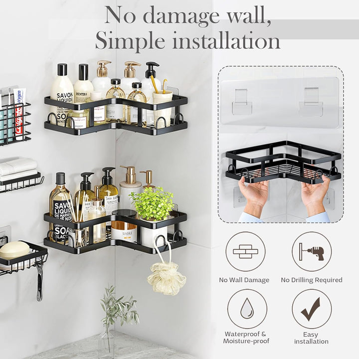 5 Pcs  Black Shower Caddy, Rustproof No Drilling Stainless Steel,  Organizer Shelves for Bathroom - OneBag