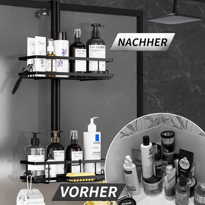 2 Tier Black Hanging Shower Shelf Caddy, Over Door No Drilling Shower Rack with Soap Razor Holder - OneBag