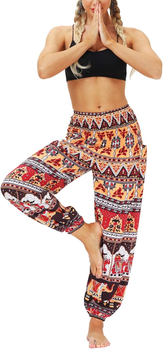 Women Hippie Harem Yoga Pants with Pockets, Thai Aladin Printed Summer Trousers- One Size - OneBag