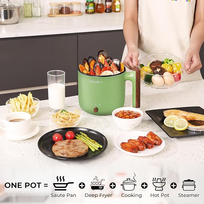 Electric Hot Pot with Steamer, 1.5 & 1.8L Non-stick Ramen Cooker, 2 in 1 Shabu Shabu Hot Pot, Multifunctional Cooker with Overheating Protection for Stew, Noodles - OneBag