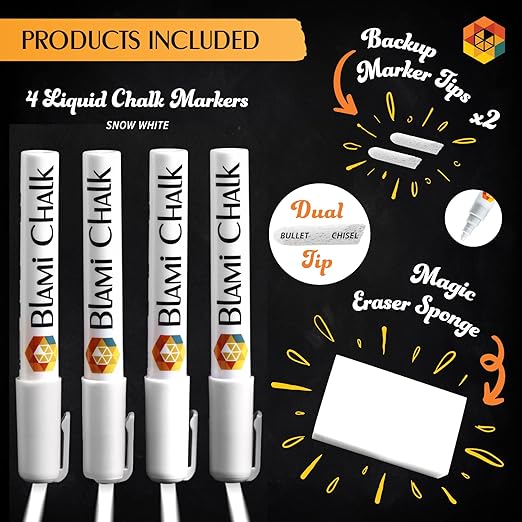 Blami Arts Chalk Markers White 4 Pack with Two Times More Liquid Ink 8g - OneBag