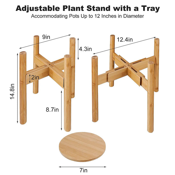 Indoor Plant Stands with Planter Pot Tray, Adjustable Size Fits 8.5 9 10 11 to 12 Inch Pots, Wood Planter Rack - OneBag