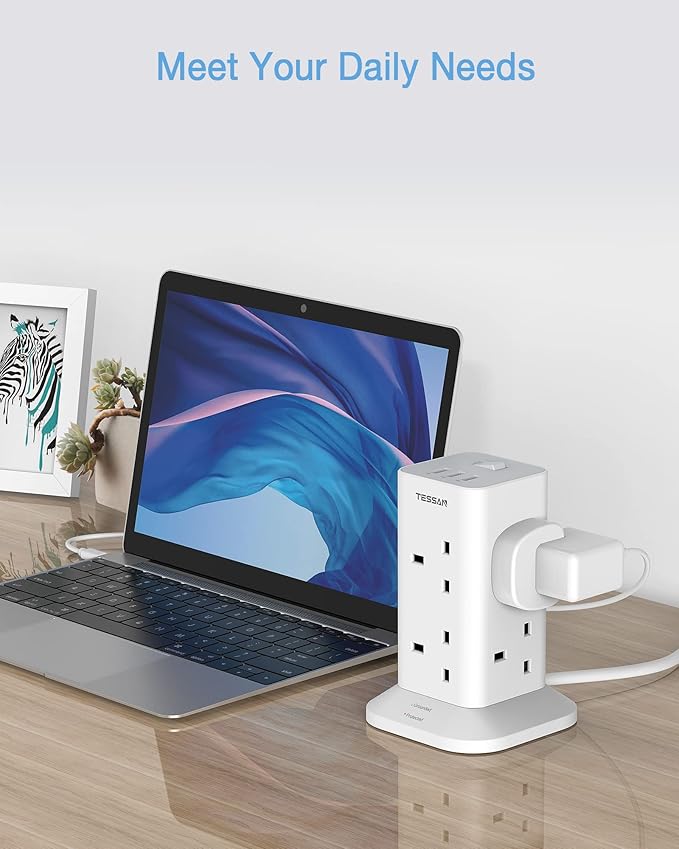Tower Extension Lead 3M with 3 USB Slots, TESSAN Extension Cable 8 Way Multi Socket Plug with Switch, Surge Protected Power Strip for Home, Office, Kitchen Supplies - OneBag
