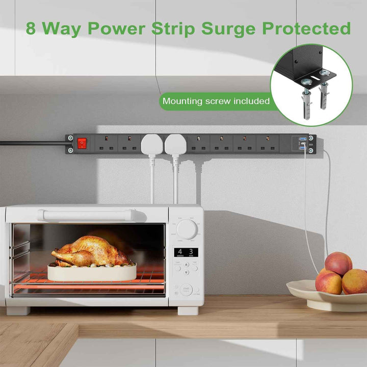 1.8m Extension Lead Power Strip Surge Protector 8xGang Way, 1xUSB-C, 2xUSB-A