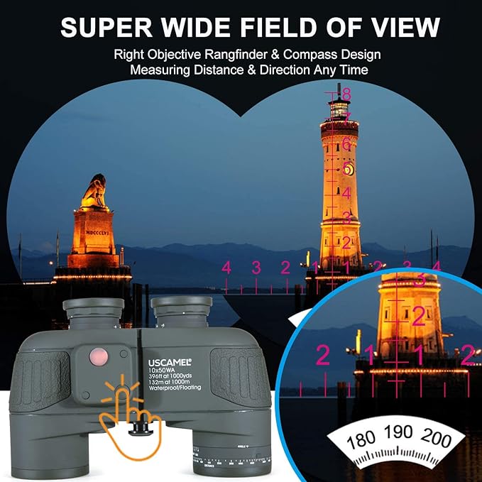 Army Green 10x50 HD Military Binoculars with Rangefinder Compass Telescope Nitrogen Filled Waterproof Sports Optics - OneBag
