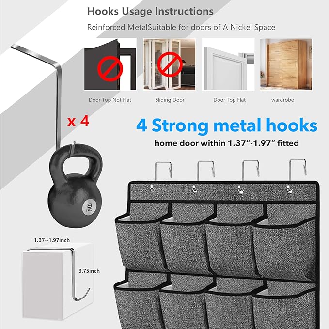 2 Pcs Hanging Shoe Rack Storage Over Door Organiser, Hanger Storage Holder Bag Wall Mounted with 24 Large Pockets & 4 Wide Hooks - OneBag