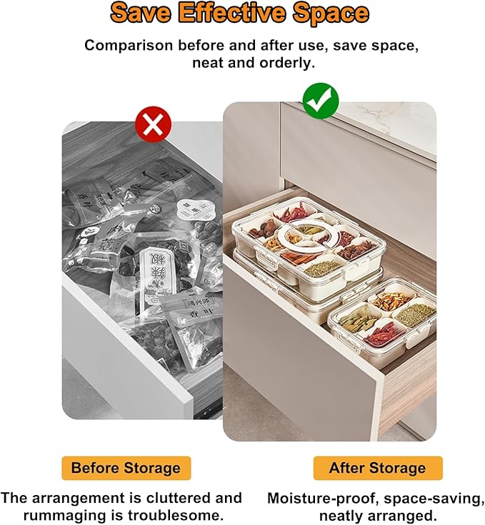 DOVMEWO Divided Clear Snack Box, Serving Tray with Lid & Handle, Snackle Box Charcuterie Board Container Storage Organizer - OneBag
