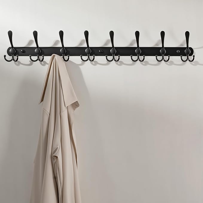 2 Pcs Black Coat Rack Wall Mounted - 8 Tri Hooks, Heavy Duty, Stainless Steel, Metal Coat Hook Rail - OneBag