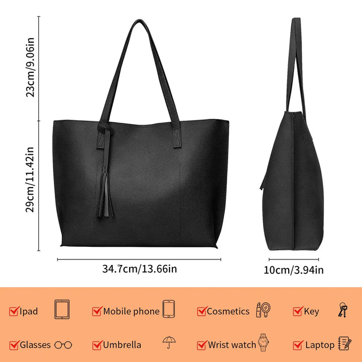Leather Tote Bag, Women handbag with big capacity, PU leather tote black. - OneBag