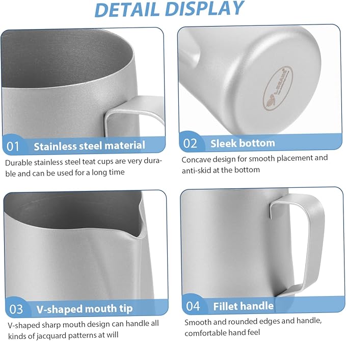 Silver Stainless Steel Latte Art Cup, Milk Frothing Jug with Measurement Mark - OneBag