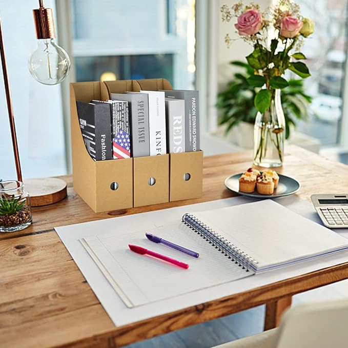 6 Pcs Magazine File Holder, Cardboard Magazine Holder, Desk File Organizer, Book and Paper Holder with Label Stickers - OneBag