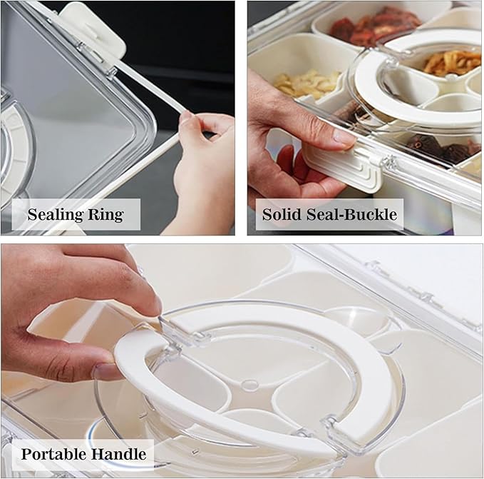 9 Compartments Divided Serving Tray with Lid and Handle, Portable Snakle Box Container, Snack Platter Oragnizer - OneBag