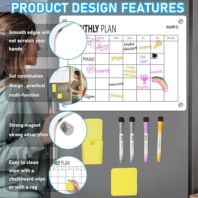 17in x 12in Monthly Planner Whiteboard Set, Acrylic Dry Erase Board Refrigerator Whiteboard, Daily Meal Planner - Includes Full Mounting Kit - OneBag